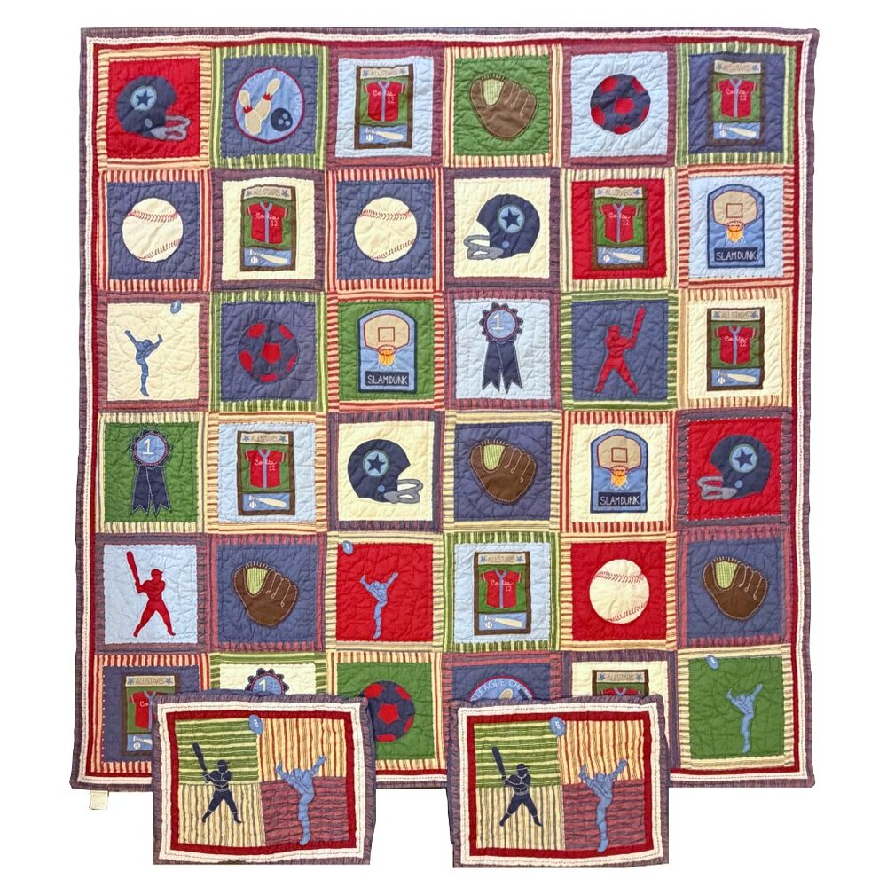 POTTERY BARN KIDS Sports Themed Full/Queen Quilted Comforter Set 🏀 ⚾️ 🏈 ⚽️